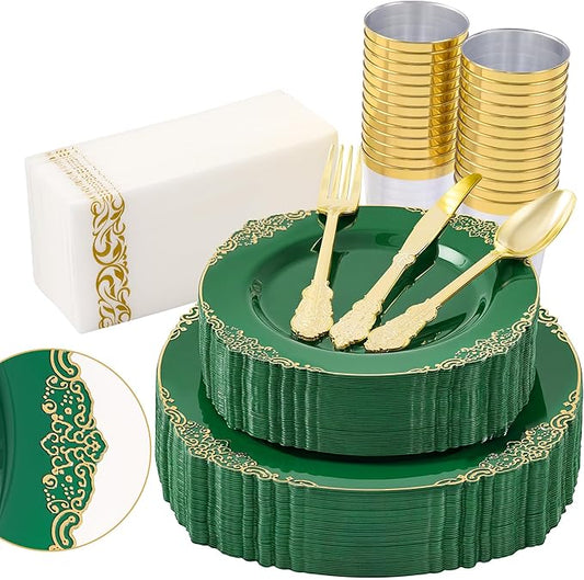 Fijinhom 350pcs Green Plastic Plates, Elegant Disposable Dinnerware Set, 125 Pieces, White and Gold, Plates, Cups, Cutlery and Napkins (Green, 50 Guests)