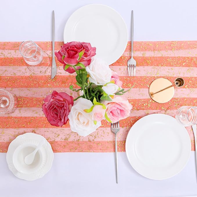 BINBE 1PCS Orange Table Runner 10Ft Sheer Chiffon Fabric Cheesecloth Sequin Glitter Table Runner for Wedding Birthday Party Decor