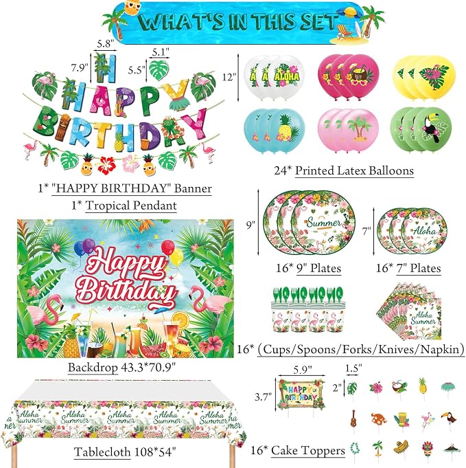 164Pcs Hawaii Themed Happy Birthday Party Decorations, Plates Napkins Cups Tableware, Tropical Aloha Backdrop Tablecloth, Happy Birthday Banner, Cake Topper, Colorful Printed Balloons for Kids Adults