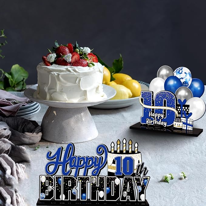 LINGTEER Happy 10th Birthday Blue Acrylic Table Topper Centerpieces Set - Cheers to Ten Years Old Birthday 10th Bday Party Gift Decorations.