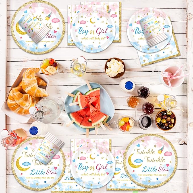 96Pcs Twinkle Twinkle Little Star Gender Reveal Party Supplies Tableware Set little Star Baby Shower Plates Napkins Forks Dinnerware for Baby Shower Decorations, 24 Guests