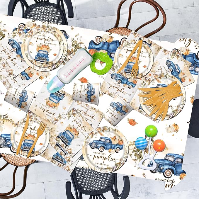 Little Pumpkin Baby Shower Decorations, 142pcs A Sweet Little Pumpkin Is On The Way Banner Pumpkin Plates and Napkins Boy Blue Truck Boho Thanksgiving Fall Gender Reveal Baby Shower Party Supplies