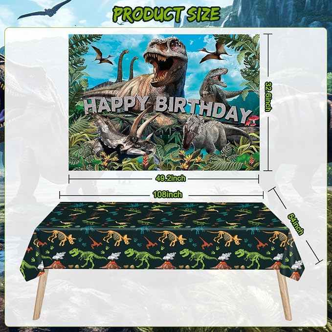 Dinosaur Birthday Party Decorations Kit for Boys - Dino Party Supplies with Tablecloth, Banner, Backdrop, Cake Topper, Balloons & Stickers for Kids