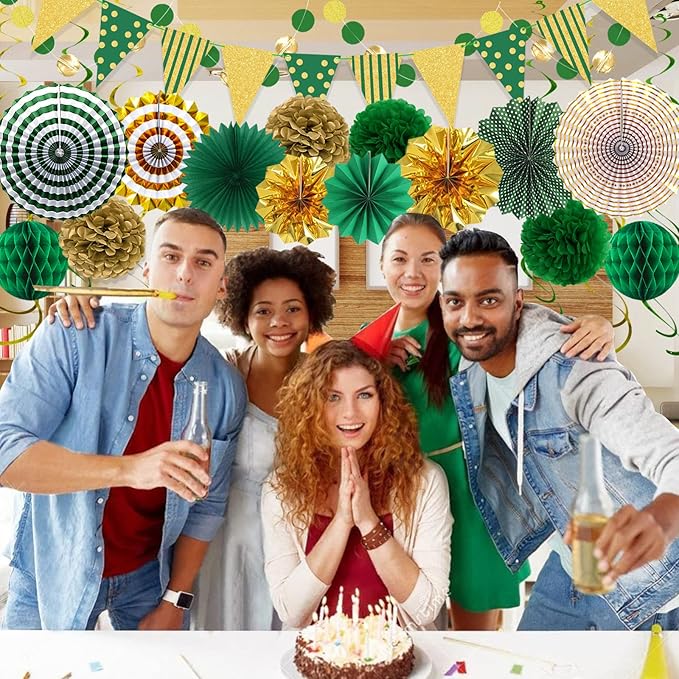 Green Gold Party Decorations, Graduation Season Hanging Glitter Triangle Flags Banner Paper Fan Tissue Pom Poms Garlands, St. Patrick's Day, Bridal Shower, Green Master Golf Themed Birthday