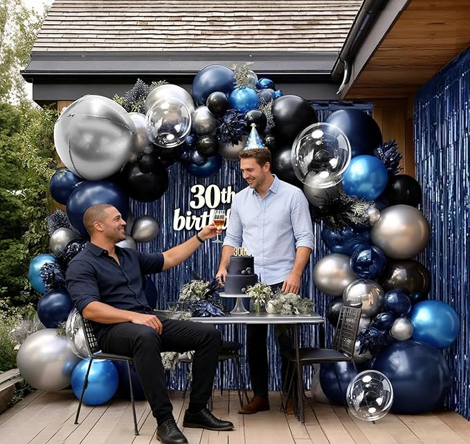Navy Blue Black Balloon Arch Double Stuffed Dark Black Blue Silver Balloon Garland with Fringe Curtain Foil Balloons for Men Father's Birthday Baby Shower Graduation Anniversary Wedding Party Decor