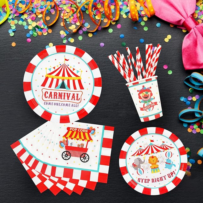 Recheel Carnival Party Supplies Decorations, Circus Theme Birthday Paper Plates and Napkins Set with Cups and Straws for 24 Guests, 120 Pcs Disposable Party Dessert Dinnerwares