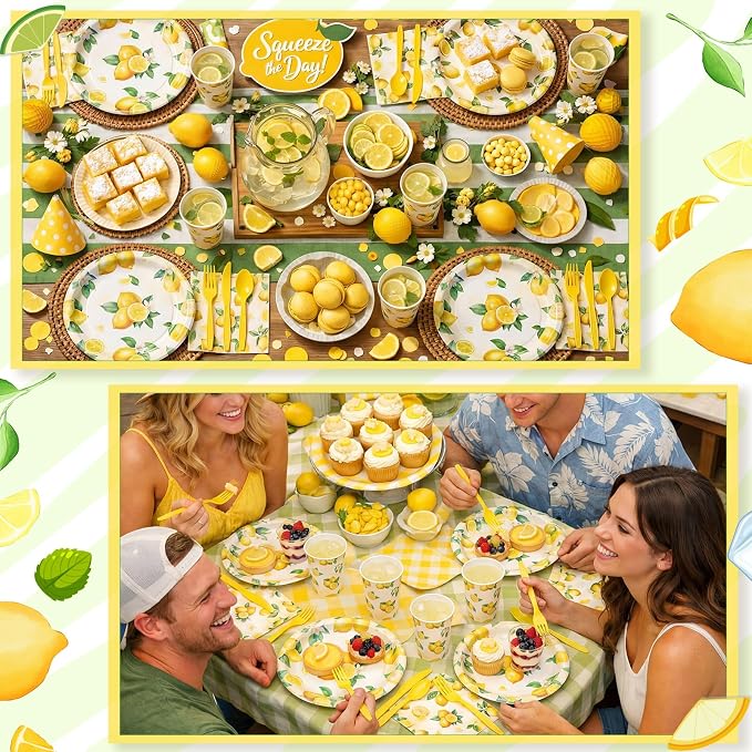 Honeydak 210 Pcs Lemon Party Supplies for 30 Guests Summer Lemon Birthday Plates Napkins and Forks Cups Tableware for Citrus Yellow Baby Shower Bridal Shower Decorations