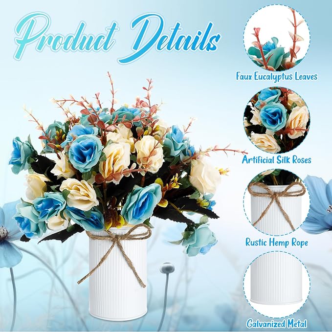 Domensi 12 Sets Wedding Centerpiece for Table Artificial Rose with Vase Fake Bouquets and Metal Pot Flower Arrangements for Bridal Shower Birthday Party Event Table Decor (Teal)