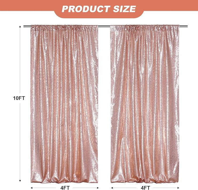 SquarePie 2 PCS 4x10ft Rose Gold Sequin Backdrop for Photography, Extra Long Satin-Backed Real Sequin Curtain, High-Density Shimmering Background with 4" Rod Pocket for Wedding Ceremony, 2 Panels