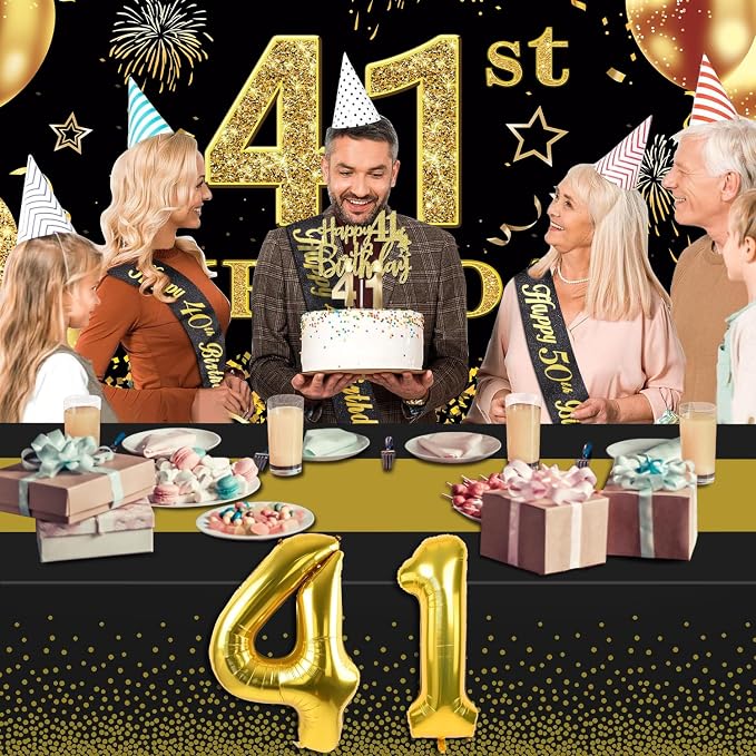 41st Birthday Decorations Men Women with 41st Birthday Banner, Black and Gold Table Cloth, Number Balloons, Large Sash, Cake Topper and Candles