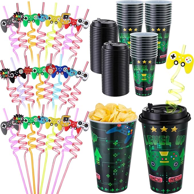 Maxcheck 36 Sets 16 oz Game Controller Party Favors Goodie Cups with Colorful Lids and Straws for Birthday Decorations Reusable Plastic Candy Cups Bulk Plastic Straws for Birthday Party Celebration