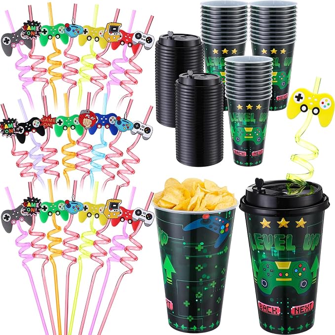 Maxcheck 24 Sets 16 oz Game Controller Party Favors Goodie Cups with Colorful Lids and Straws for Birthday Decorations Reusable Plastic Candy Cups Bulk Plastic Straws for Birthday Party Celebration