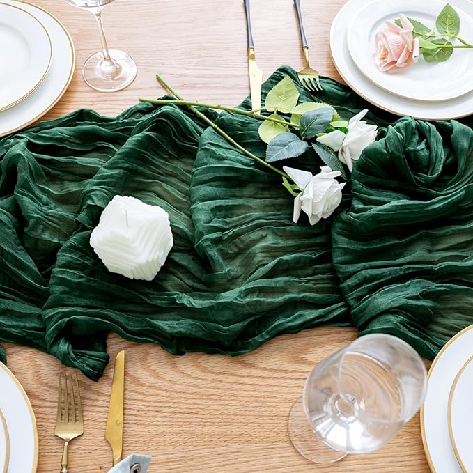 Wokceer Cheesecloth Table Runner 3Pack 10FT Emerald Green Christmas Boho Gauze Cheese Cloth Table Runner for Party Long Rustic Sheer Table Runners for Baby Bridal Shower Wedding Easter Table Decor