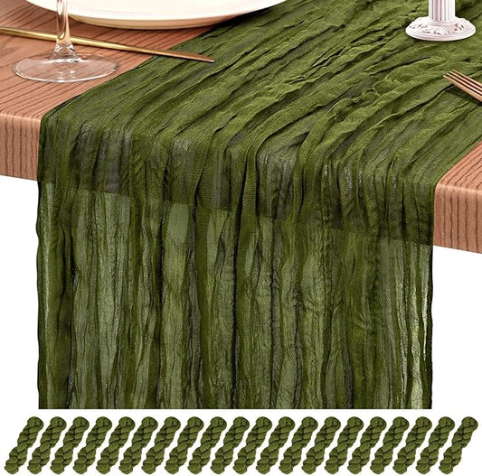 20 Pack Olive Green Cheesecloth Table Runner 10FT Boho Gauze Cheese Cloth Table Runners Romantic Rustic Sheer Table Decorations for Wedding Party Baby Shower Birthday Holiday Home