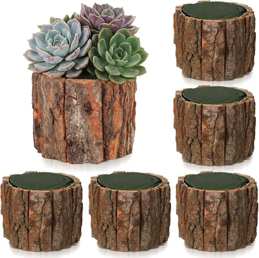 6 Set Wooden Vase for Centerpieces Wedding Flower Table Centerpieces Decor Rustic Bark Stump Bucket Farmhouse Wood Planter Pot for Woodland Party Window Home (Flower Foam,Small)