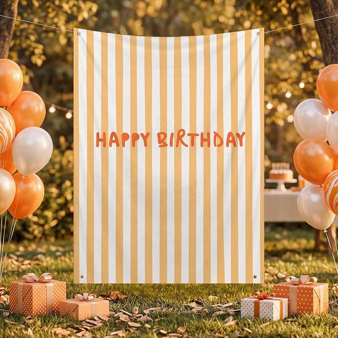 Flutesan 7x5ft Orange Stripe Happy Birthday Backdrop Large Banner Fabric Tapestry Birthday Party Decoration Baby Shower Linen Rustic Background Wall Photo Props Indoor Outdoor