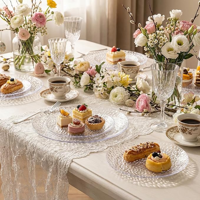 Rubtlamp 100Pcs Clear Plastic Plates, Heavy Duty Party Plates, Hammered Disposable Plates Include 50 Clear Fancy Dessert Plate, 50 Dinner Plate for Wedding Party