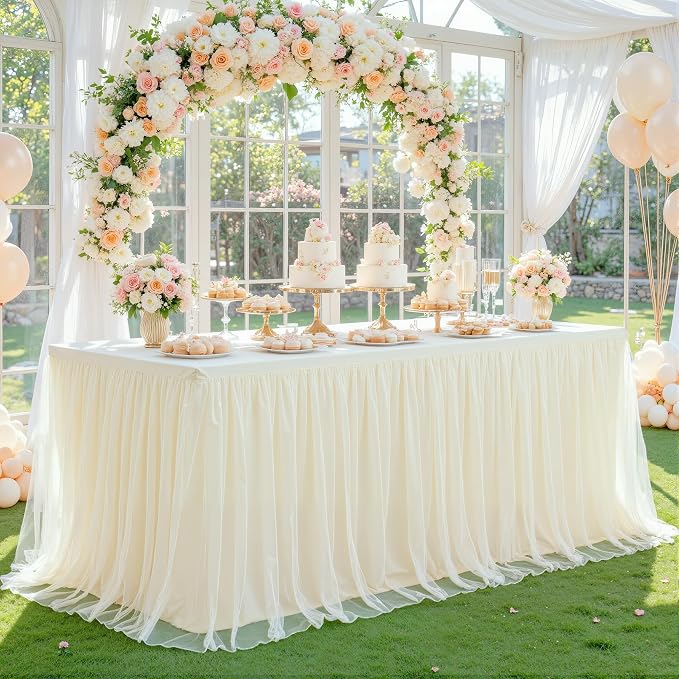 2 Pack Champagne Table Cloth for 8 Foot Rectangle Tables, Stretch Fitted Tulle Table Covers Skirt, Rectangular Ruffle Tutu Tablecloth Wedding Banquet Baby Shower Cake Tablecloths Decorations
