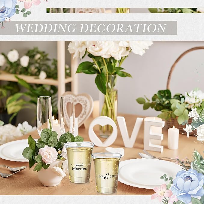 Jingmore 50 Pcs Wedding Plastic Cup 12 oz Wedding Disposable Cups for Reception Thick Clear Cup Happily Ever After Mr and Mrs Just Married Cups for Bridal Shower Decorations (White Floral)