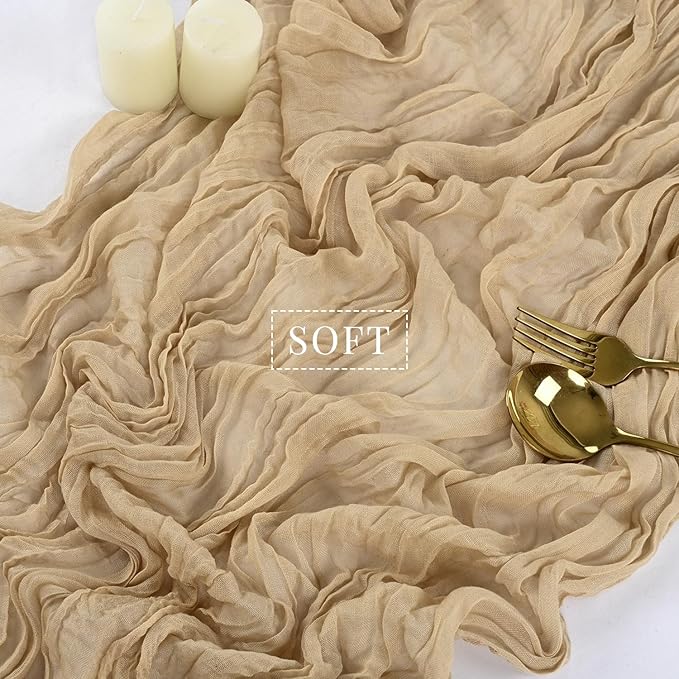 Sand 35 x 120 Inches Long Cheesecloth Table Runner Gauze Fabric 10Ft Boho Table Runner Rustic Sheer Runner for Wedding Baby Bridal Shower Birthday Holiday Party Table Arbor Decor (Sand)