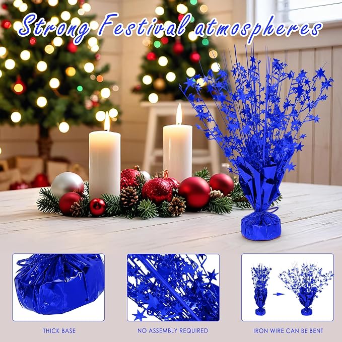 8 Pack Metallic Star Spray Centerpieces for Tables - Bulk 12.4" Foil Fountain Table Decorations for Large Events, Graduation 2026, Wedding Reception (Blue)