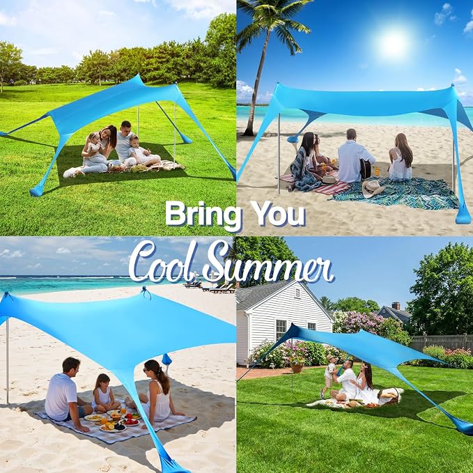 Rhino Valley Beach Tent, 7 x 6.5 Ft Beach Shade UPF50+ Protection, Beach Canopy with 4 Sandbags 2 Stability Poles, Outdoor Beach Tent Sun Shelter Umbrella for Sand,Camping,Fishing Essentials, Sky Blue