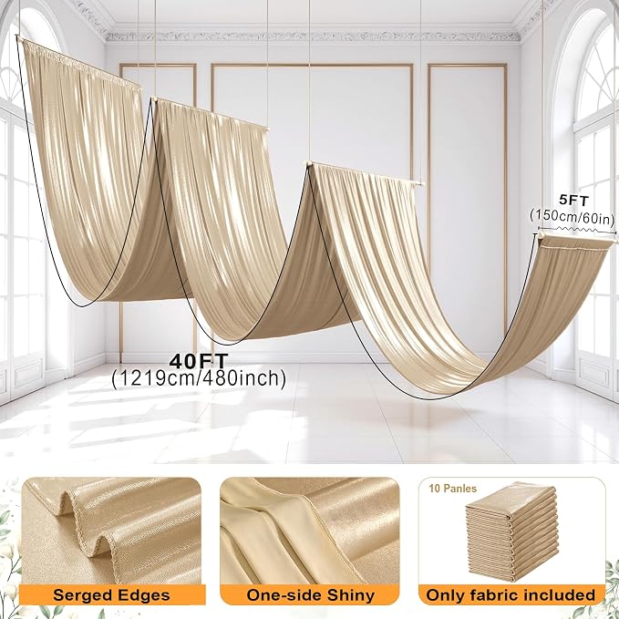 50ftx40ft Champagne Gold Ceiling Curtain for Wedding Parties – 10 Panels Wrinkle-Free 40 FT Long Tent Draping Curtains for Wedding, Birthday & Theme Parties, 40ft Height with Rod Pocket