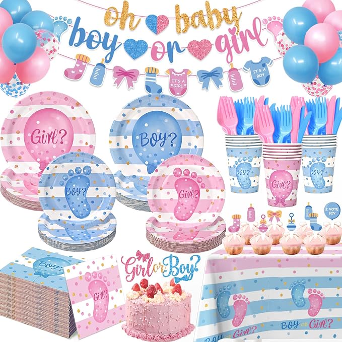 190 Pcs Gender Reveal Party Decorations Kit (Serves 24 Guests), Include Plates and Cups and Napkins Sets with Forks and Banner, Girl or Boy Baby Gender Reveal Party Supplies
