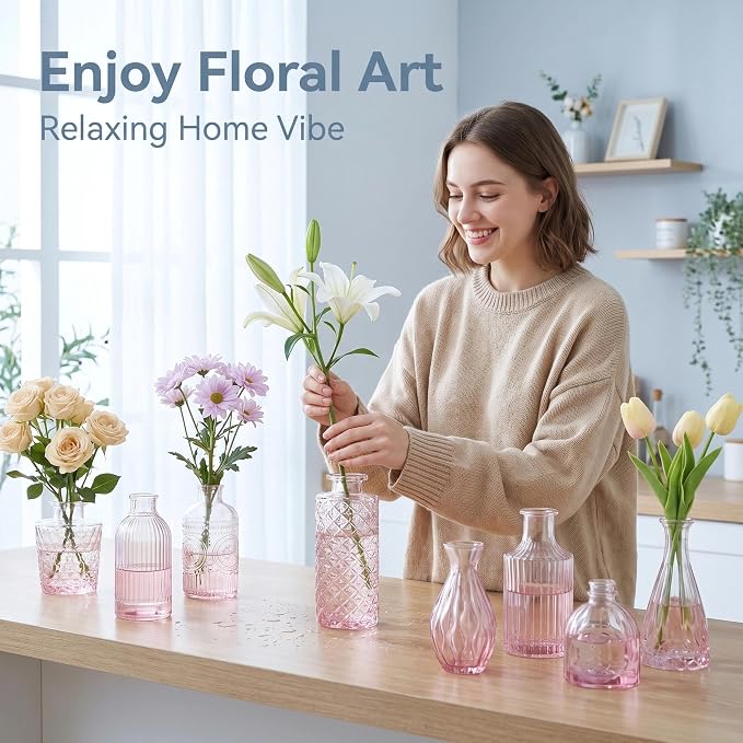 Mini Bud Vases Centerpieces for Tables,Clear Bud Vases for Flowers,Small Flower Vases Suitable for Birthday Party,Anniversary,Wedding Reception,Baby Shower (GradPink, 12PCS)