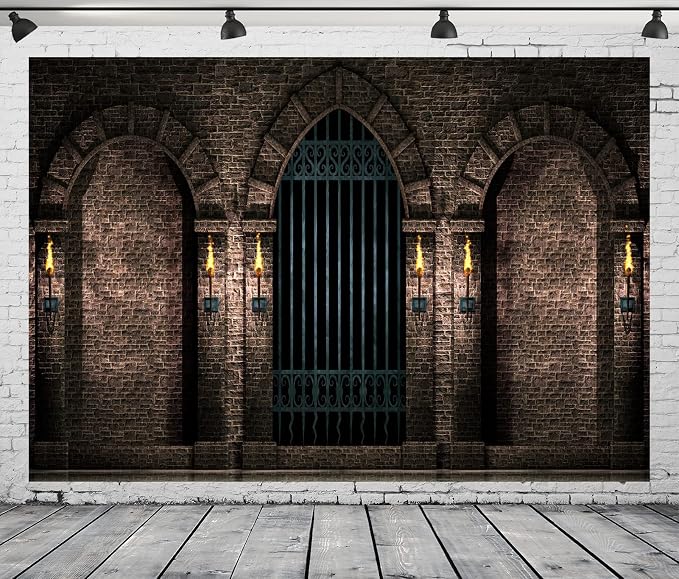 BELECO 15x10ft Fabric Gothic Castle Photography Backdrop Ancient Stone Wall Arches Iron Gates Torches Prison Corridor Halloween Night Background Medieval Castle Birthday Party Decorations Photo Props