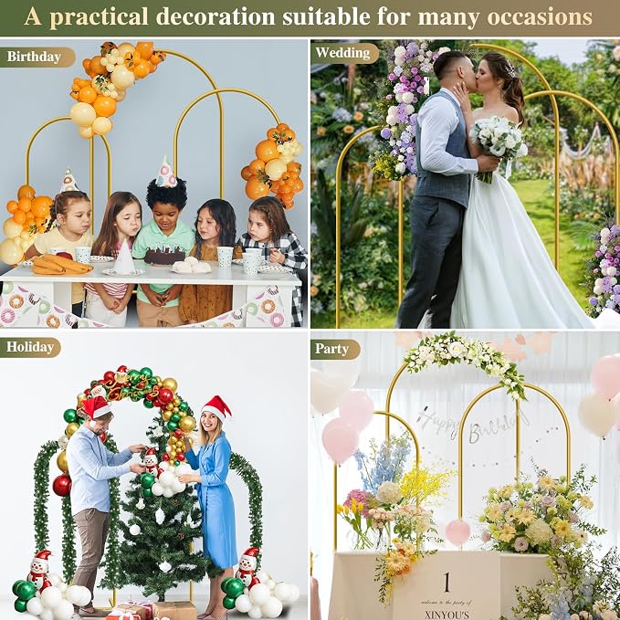 Metal Arch Backdrop Stand, Set of 3 (4ft / 5ft / 6ft) Gold Arch Backdrop with 12 Ground Nails, Stable Arched Background Stand for Wedding, Baby Shower, Birthday Party, Photography