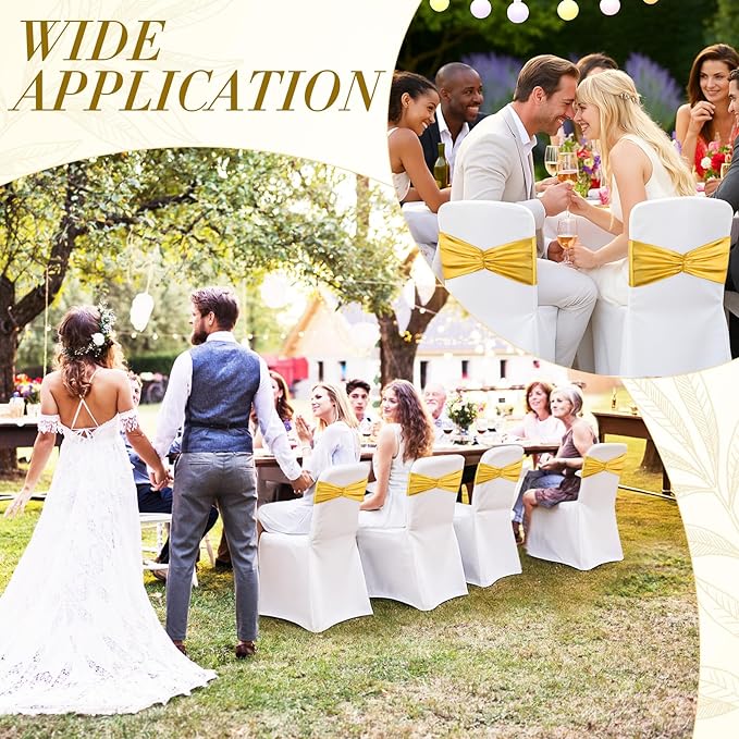 Hahafelt 50 Pcs Chair Sashes Shiny Bow Spandex Bands for Chair Wedding Banquet Parties Reception Restaurant Decoration (Gold)