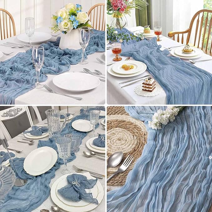 Dusty Blue Cheesecloth Table Runner 21x120 Inch Gauze Table Runners Reusable Polyester 10ft Boho Rustic Cheese Cloth Table Runner for Wedding Party Baby Shower Birthday