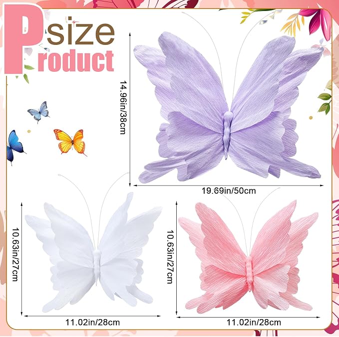 3 Pcs 3D Large Hanging Butterfly Decorations Large Butterfly Birthday Party Decorations 3D Crepe Paper Decoration for Wedding Party Birthday Baby Shower Garden(Purple, Pink, White,11inch,20 Inch)