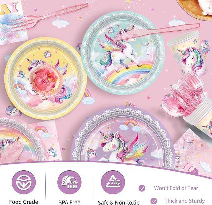 210pcs Unicorn Birthday Party Supplies Plates Napkins Unicorn Party Decorations Include Paper Plates Napkins Cup Cutlery Balloon Hanging Swirl Tablecloth Tableware for Girl Birthday Decor Serve 24