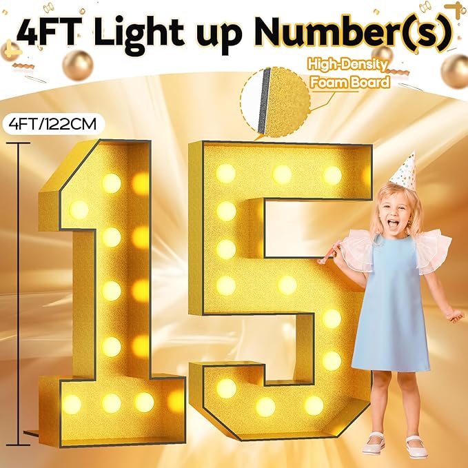 Number 15 Marquee, 4FT Light Up Numbers Gold Large Light Up Number Mosaic Number for 15th Birthday, Giant Light Up Number 4 Feet Tall DIY Frame Pre-Cut Foam Board Kit for Graduation Anniversary Party