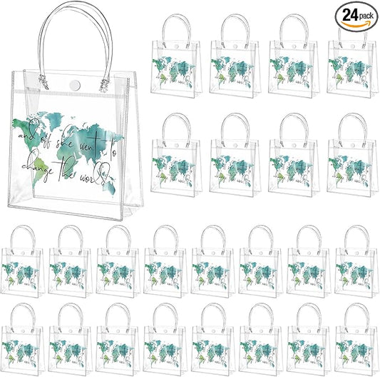 Teenyyou 24 Pcs World Map Favor Bags with Handle Graduation Travel Clear PVC Goodie Gift Bags Grad Birthday Congratulations Party Supplies