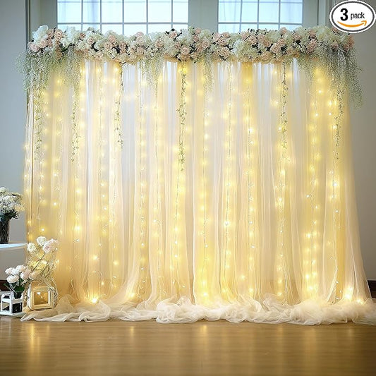 10ft x 10ft Champagne Sheer Tulle Backdrop Curtains with Lights String for Party Wedding Wrinkle Free Curtain Backdrops Drape for Baby Shower Birthday Party Photo Back Drop Background Home Decorations