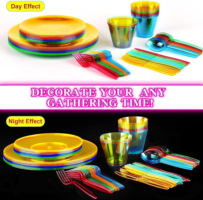 Kochorie 112 PCS Neon Party Supplies Serves 16 Including 7.5 & 10.25 In Disposable Plastic Neon Plates 9 Oz Cups Cutlery Napkins Tableware Set Dessert Cake Plates for Blacklight Party Birthday