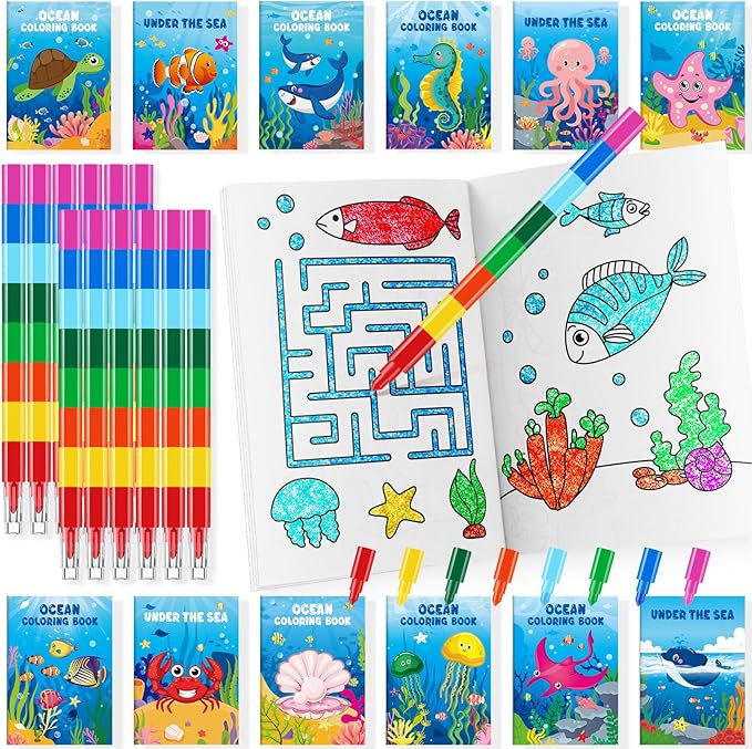 BenLouis 24 Under the Sea Mini Coloring Books Kids with 24 Stacking Crayons Ocean Animals Party Favors Activity Books Bulk for Kids Sea Fish Birthday Goodie Bag Gift Stuffer Classroom Reward