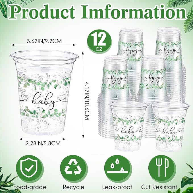 Funnymoom 60 Pack Sage Green Baby Shower Plastic Cups 12 oz Eucalyptus Greenery Disposable Clear Plastic Cups for Baby Shower Birthday Boho Greenly Party Decorations Supplies