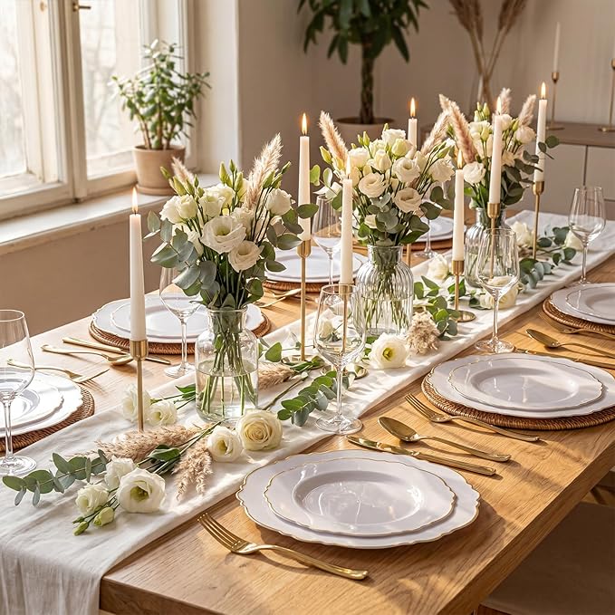 WDF 60pcs White and Gold Plastic Plates - Baroque White With Gold of 30 Heavy Duty Gold dinner plates 10.25inch, 30 Salad Plates 7.5inch Perfect for Wedding/Baby Shower/Spring/Mother's Day