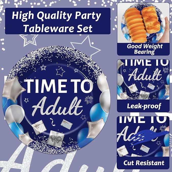 50 Guests 18th Birthday Party Supplies Decoration 18 Years Old Birthday Plates and Napkins Forks Time To Adult Tableware Blue Silver Happy 18th Birthday Party Paper Plates for Boys Girls Party 200PCS
