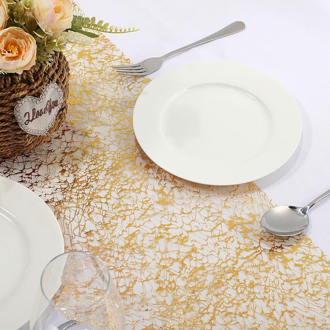 Chumia 12 Pieces Gold Table Runner 11 x 108 Inch Sequin Glitter Table Runner Roll Metallic Thin Mesh Fabric Decor for Party Wedding Shower Birthday Baby Shower Party Supplies