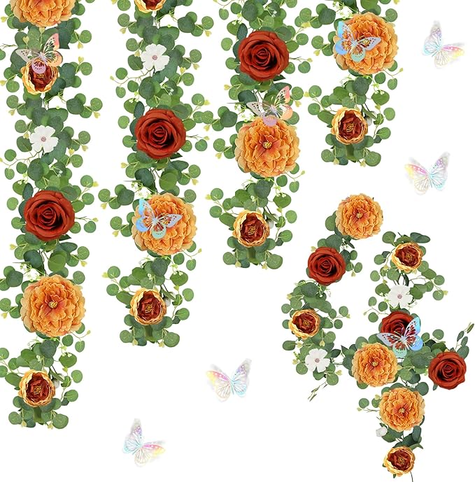 4 Pack 5.9 FT Artificial Flower Garland with Butterflies Fake Rose Garland Faux Greenery Eucalyptus Garlands for Wedding Table Backdrop Arch Centerpieces Decorations -Terracotta Burnt Orange
