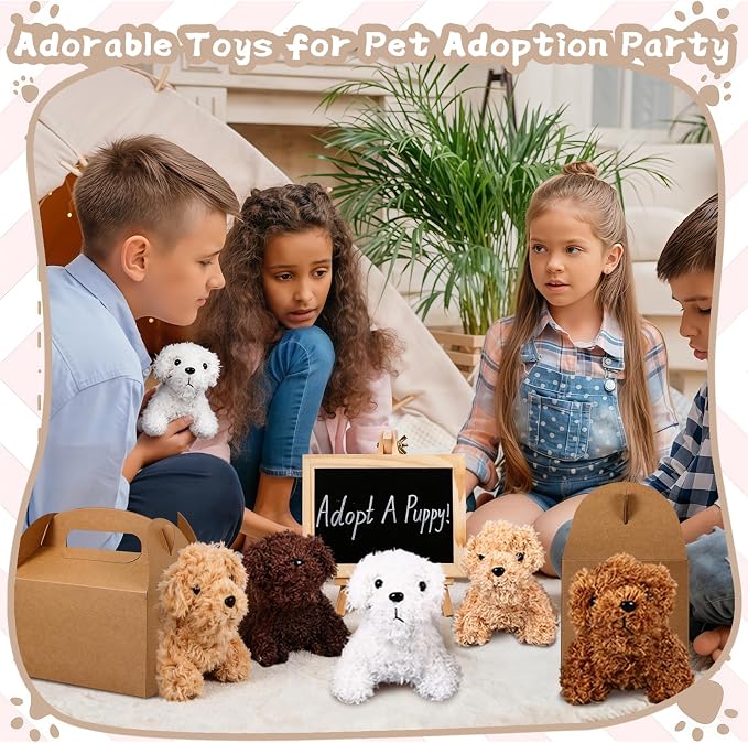 Adopt A Puppy Party Favors Mini Plush Stuffed Animals Set with 12 Plush Puppy Mini Fence Blackboard Kraft Paper Box for Adopt An Animal Themed Birthday Party