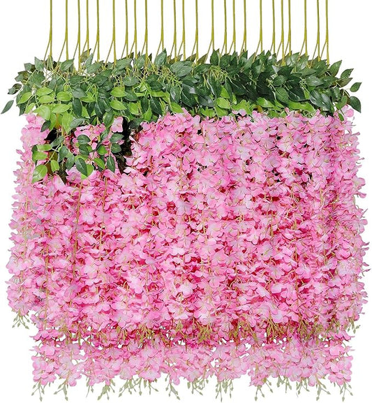 Pauwer Wisteria Hanging Flowers 24 Pack Fake Flower Garland Artificial Wisteria Vines Rattan Silk Flower String Wedding Party Wall Decorations,Pink