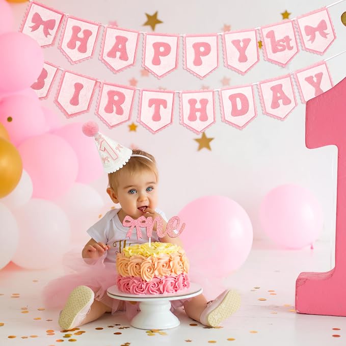 THAWAY 1st Birthday Decorations Girl - Pink First Birthday Decorations for Girl with One High chair banner, Felt Banner, Hat and Glitter Cake Topper for Baby Girl Birthday Photoshoot Props