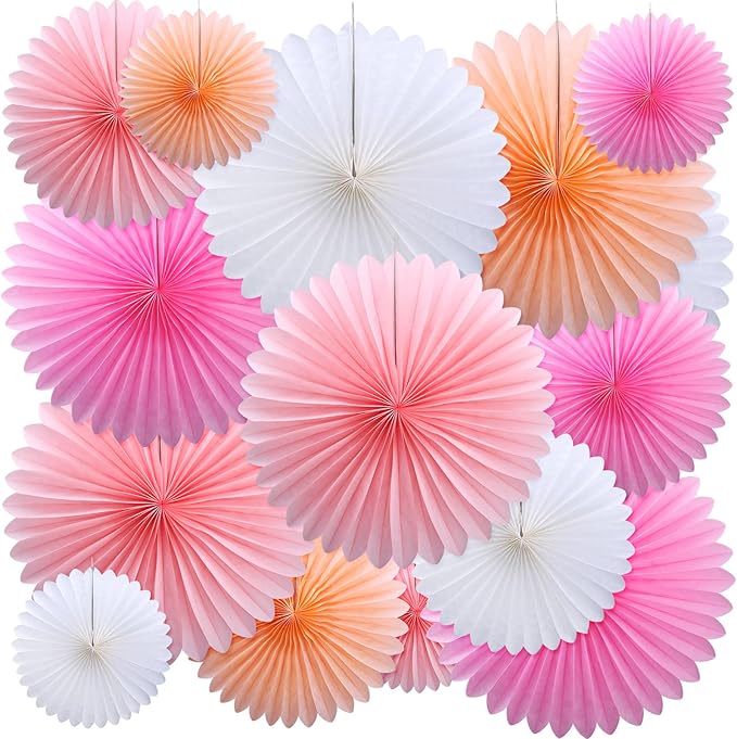 MotiMind 24 Pcs Hot Pink Paper Fans Valentines Day Party Decorations Classroom Decor Wall Background Ceiling Hanging for Birthday Wedding Baby Bridal Shower Engagement Party Favors