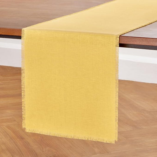Solino Home Linen Fringe Table Runner 72 Inches Long - 100% Pure Linen Marigold Yellow Table Runner 14 x 72 Inch for Spring, Summer, Mothers Day